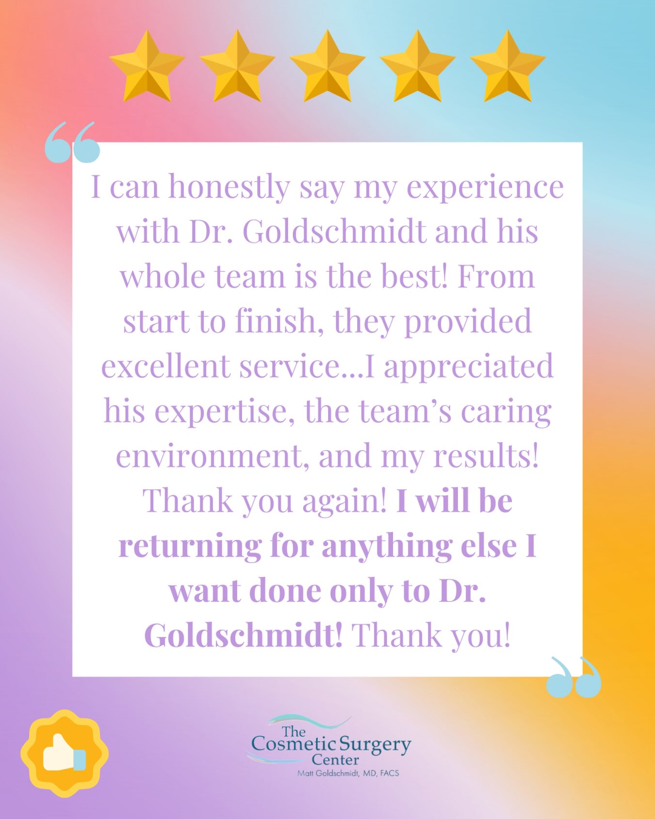 TESTIMONIAL TUESDAY The Cosmetic Surgery Center is committed to delivering a smooth and exciting patient experience. We’ve loved getting to know this patient and we’re so glad she’s so happy with her results! “I can honestly say my experience with Dr. Goldschmidt and his whole team is the best! From start to finish, they provided excellent service...I appreciated his expertise, the team’s caring environment, and my results! Thank you again! I will be returning for anything else I want done only to Dr. Goldschmidt! Thank you!” Call 216-264-8100 to get your consultation scheduled and get to know us! Current patients, send us a DM to be featured on social media! #testimonialtuesday #patientreview #cosmeticsurgeon #cosmeticsurgery #cleveland